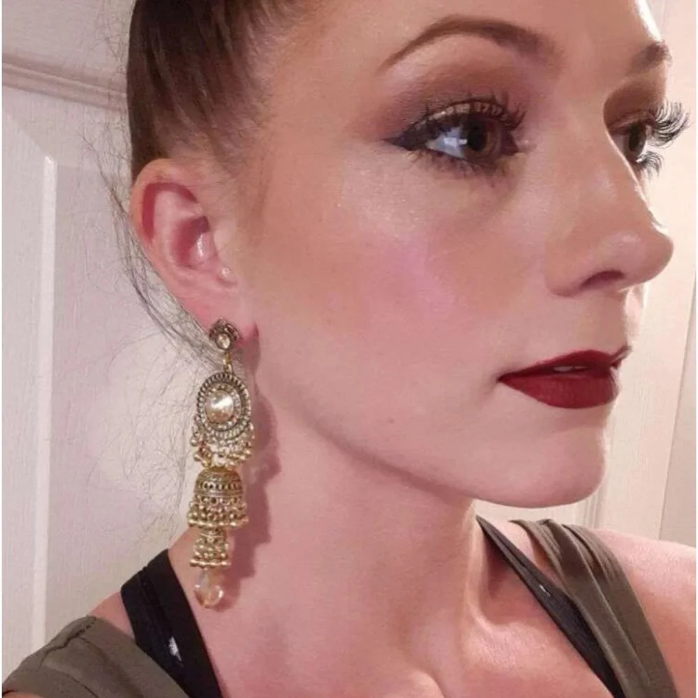 GoldenGilded Goddess Exotic Jhumka Ball Linear Statement Linear Dangle E… - Picture 6 of 8
